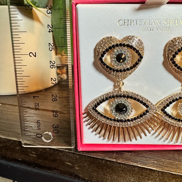 Christian Siriano Gold and Black Rhinestone Heart Eye Statement Earrings - Picture 3 of 4